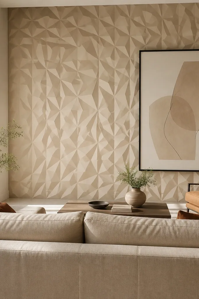 Matte 3D geometric wall tiles in a soft plaster tone