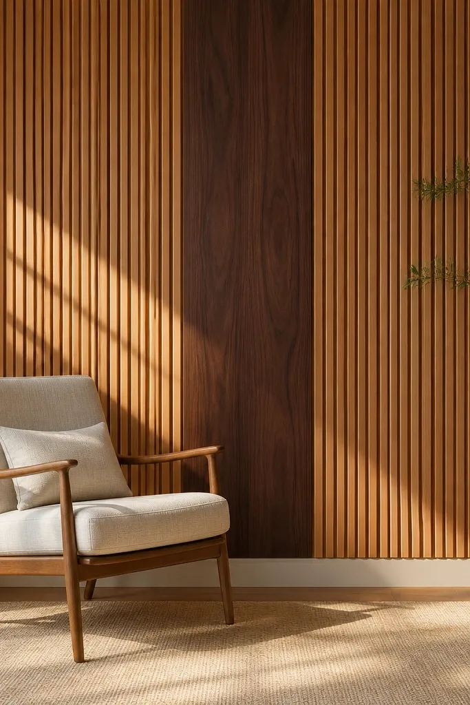 Wood slats across the wall with a single wider vertical center stripe