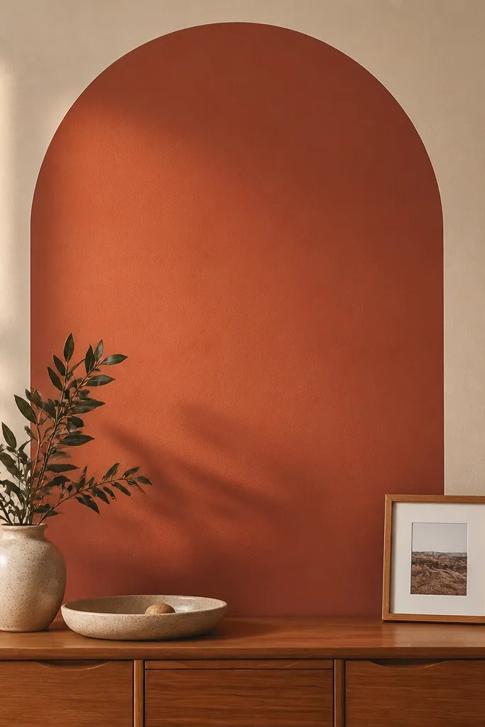 Neutral wall with a clean arch stencil painted in a darker tone