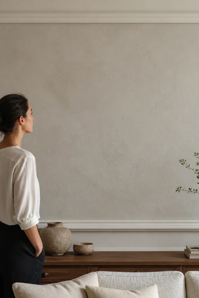 Wall with raised trim frame and a textured plaster-like center panel