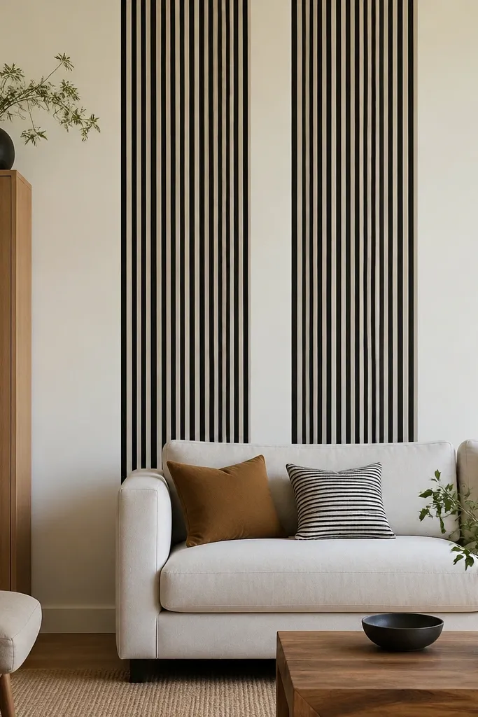 Two vertical wallpaper stripe columns with solid paint on the rest of the wall