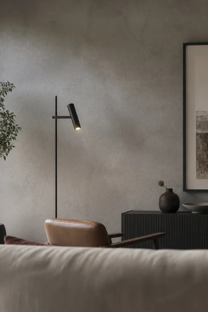 Concrete-look wall panel with smooth gray texture behind the sofa