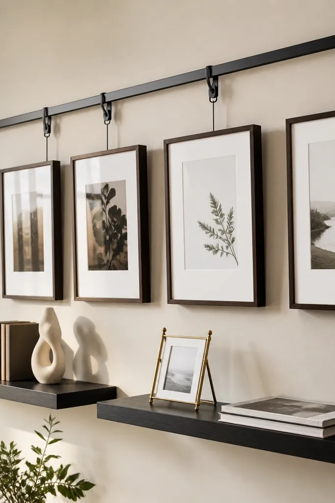 Wall with an art rail and small floating shelves holding books and framed prints