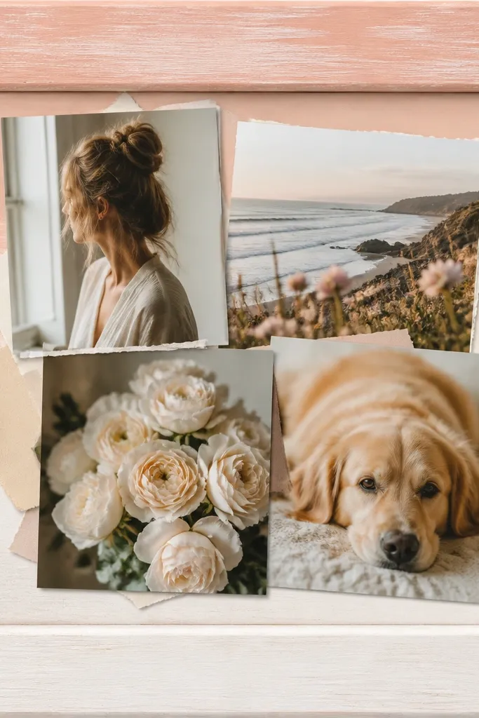 A whitewashed wood frame with visible brush streaks forming a horizontal ombre from pale peach at the top to light cream at the bottom. Inside, photos overlap slightly with small torn paper edges peeking behind.