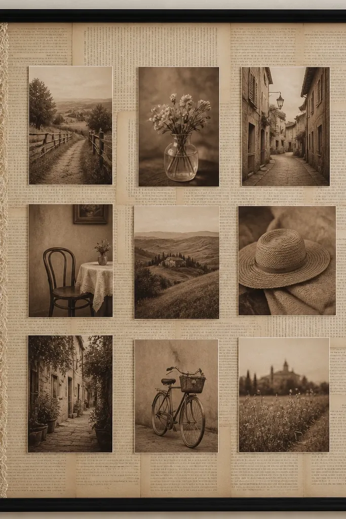 A simple black frame with a mat board covered in aged book pages. Photos are arranged in a loose grid of 9 prints, all with a similar warm sepia tone. A thin strip of ivory lace sits along the left edge.