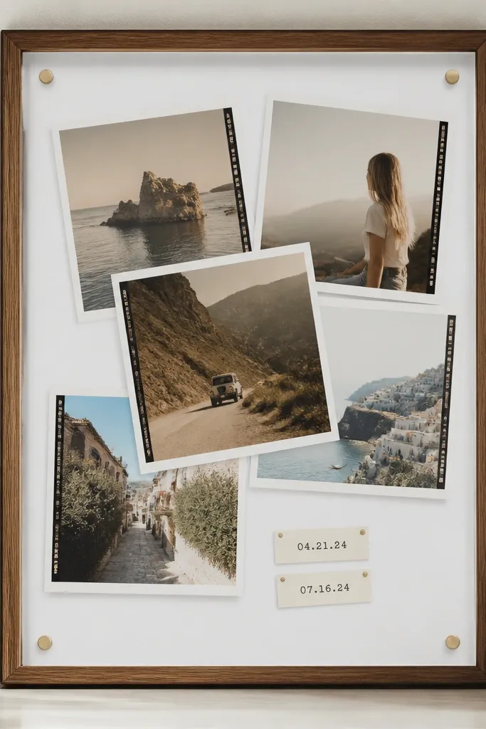 A clear-front frame with a white backing. Photos look like Polaroids stacked at angles, each with a thin faux film border strip. Small typed date tags sit under two of the pictures in a neat column.