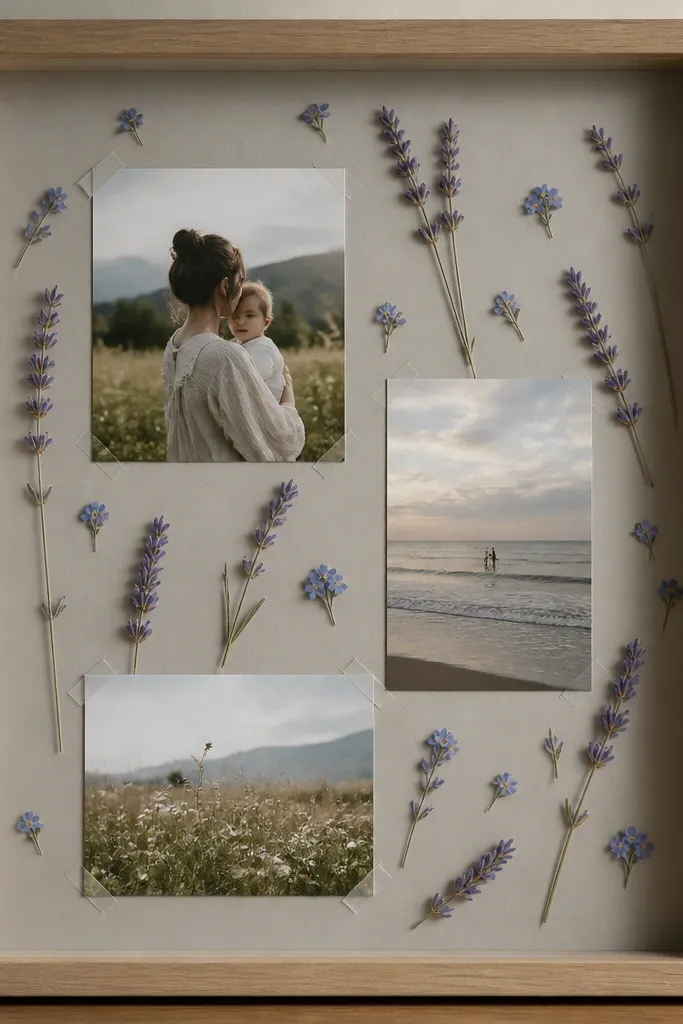 A shadowbox-style frame with a pale gray base. Pressed lavender sprigs and tiny forget-me-not shapes are scattered behind the photos. Photos are attached with small, clear tape tabs at the corners.