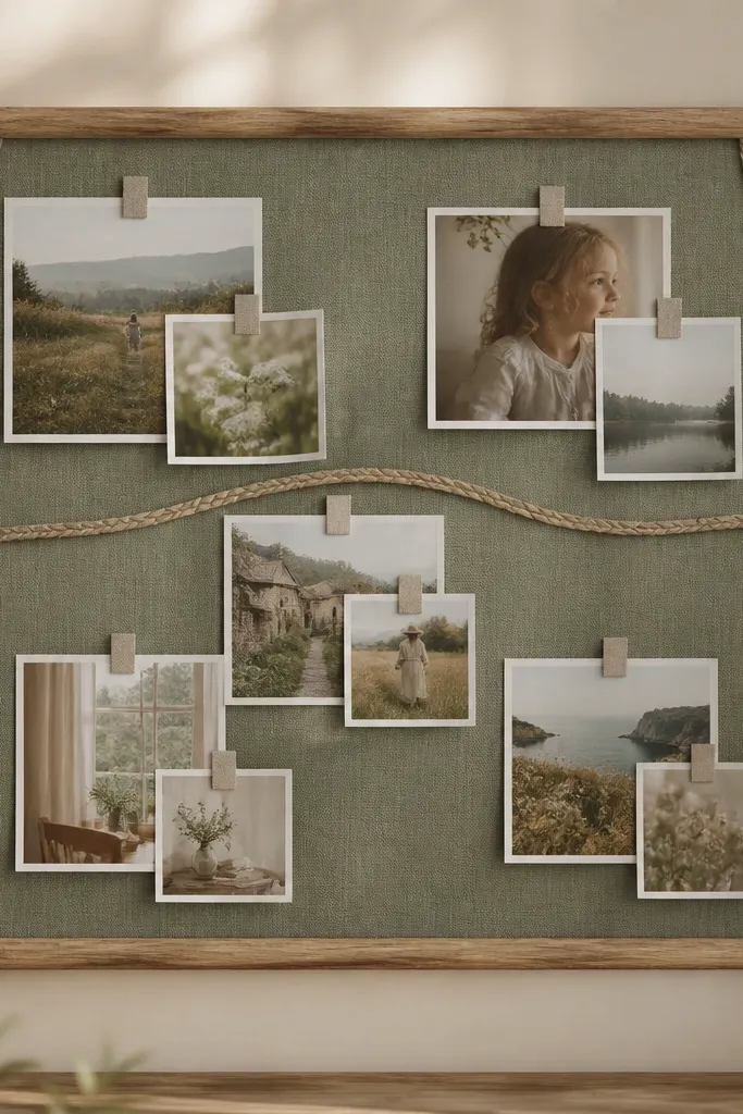 A wooden frame backed with dusty sage curtain fabric. Braided jute rope lines create gentle borders between photo clusters. Photos are layered slightly and held with small fabric tabs.