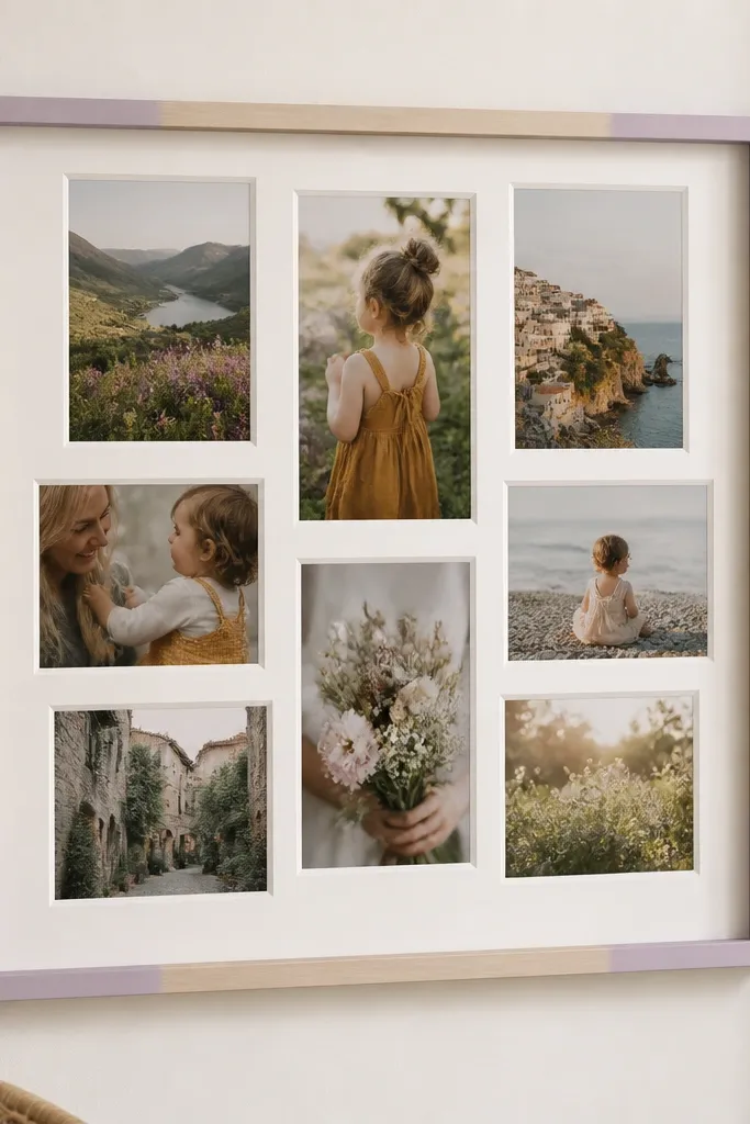 A light wood frame with only the outer edges sprayed lavender. Inside, each photo sits on a slightly larger white paper mat cutout, creating a soft halo around pictures.