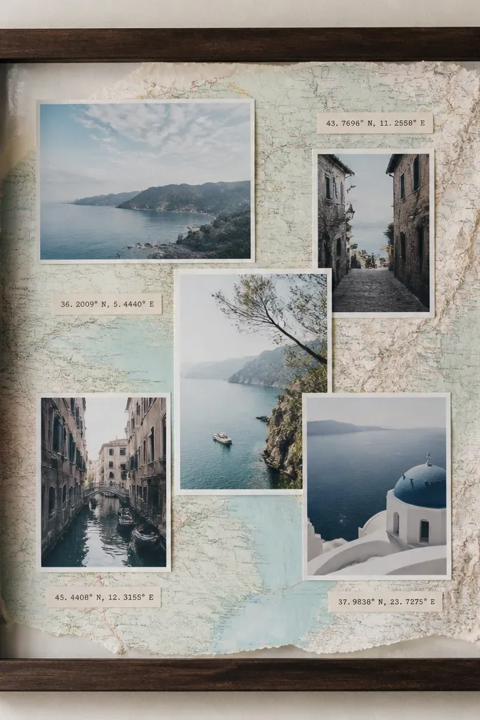 A dark walnut frame with a backing made from torn atlas paper. Tiny coordinate numbers are typed on small strips and placed near the photos. Photos show travel scenes with sky and water tones.