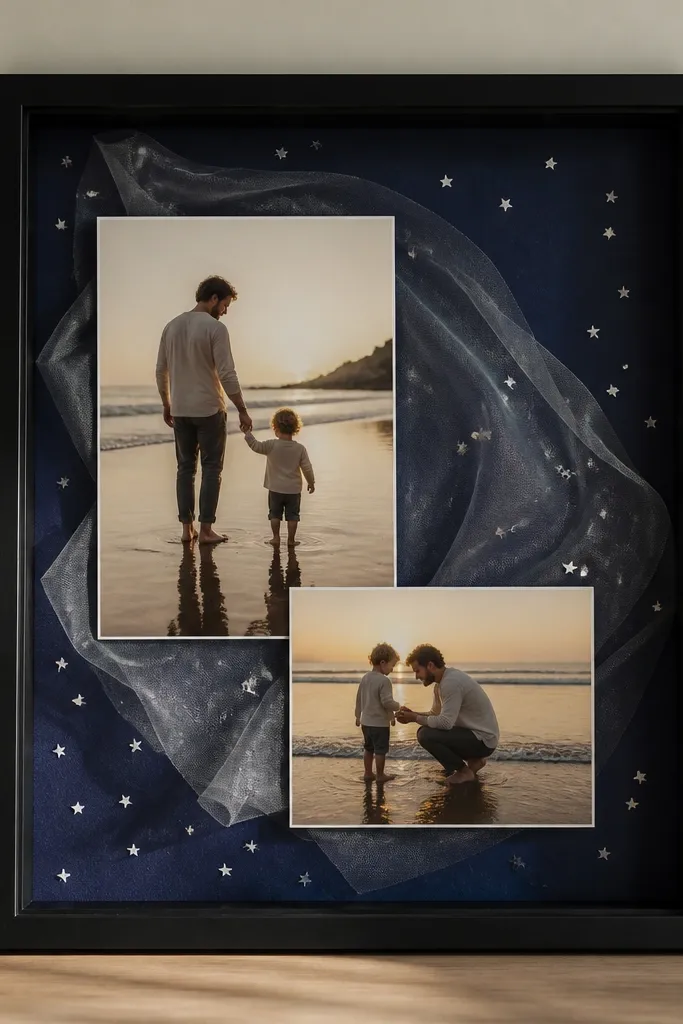 A black frame with a deep indigo tinted backing. Small silver star confetti is scattered. A thin sheer organza layer sits behind the photos so light catches in soft highlights.