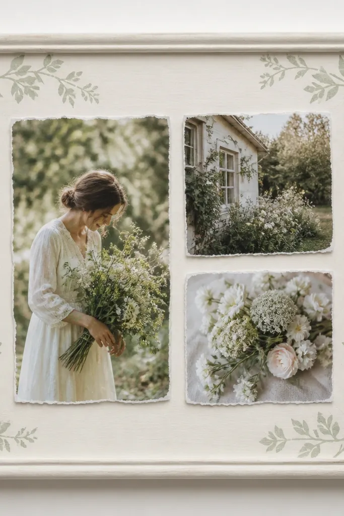 A pale wood frame painted creamy white. A sage botanical stencil pattern repeats faintly around the edges. Photos are cut into slightly irregular shapes with deckle scissors and placed over the painted areas.