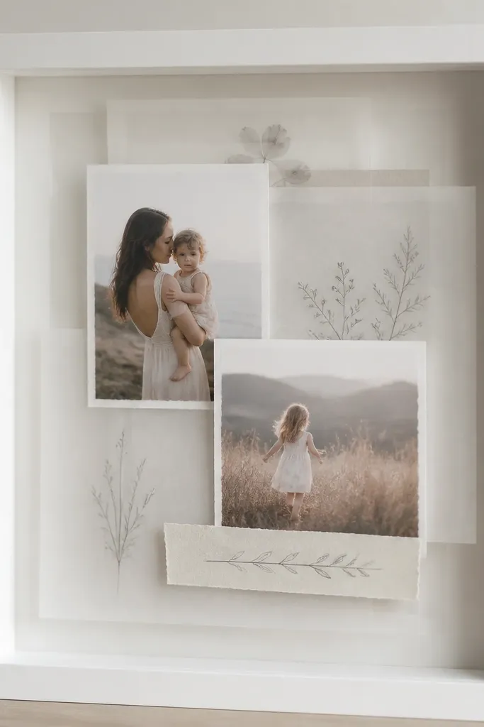 A white shadowbox frame with vellum sheets layered behind photos like frosted windows. Soft pencil-like lettering is written on vellum strips and tucked under one photo.