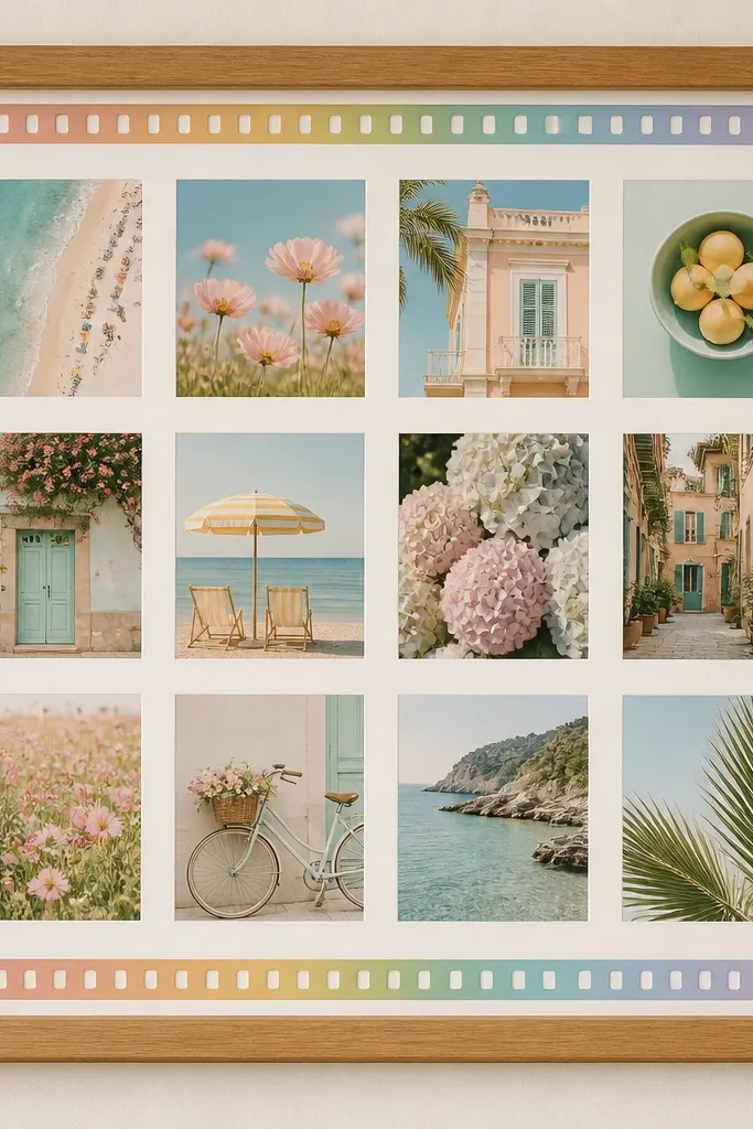 A wooden frame with a thin film-strip border across the top and bottom. The film strip is in muted pastel rainbow colors. Inside, photos are pastel-toned and spaced evenly in a grid.