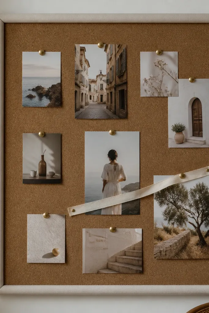 A corkboard inside a frame wrapped with off-white fabric. Photos are held with small metallic pushpins in a cluster pattern, with one longer ribbon pinned across two pictures.