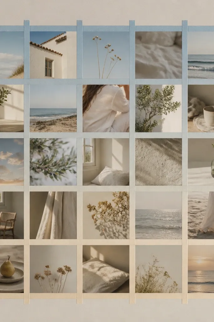 A neutral beige frame. Thin washi tape strips form an ombre grid, with a gradual shift from pale blue to cream. Photos are mounted behind the tape lines, visible in the "cells."