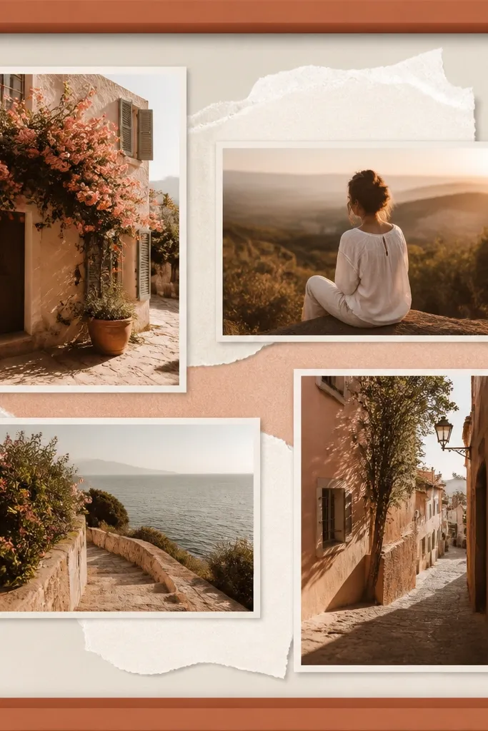 A terracotta-painted frame with cream backing. Torn paper clouds in off-white and soft peach sit behind the photos. Photos show outdoor scenes with warm light.