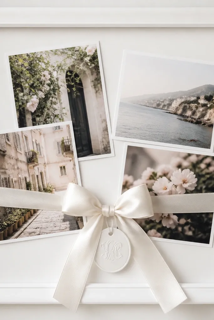 A white frame with a small monogram tag tied to a ribbon bow at the bottom center. Several photos are angled around the bow, with a narrow ribbon strip running behind one photo.