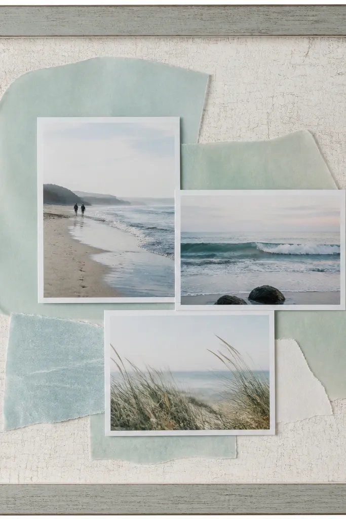 A light gray frame with a crackle medium effect on the backing. Translucent sea-glass colored paper pieces sit behind photos. Photos include beach walks and soft ocean colors.