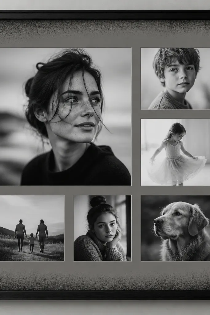 A matte gray mat inside a frame with a speckled black spray pattern on the inner border. Black-and-white portraits are arranged in a clean layout with even spacing.