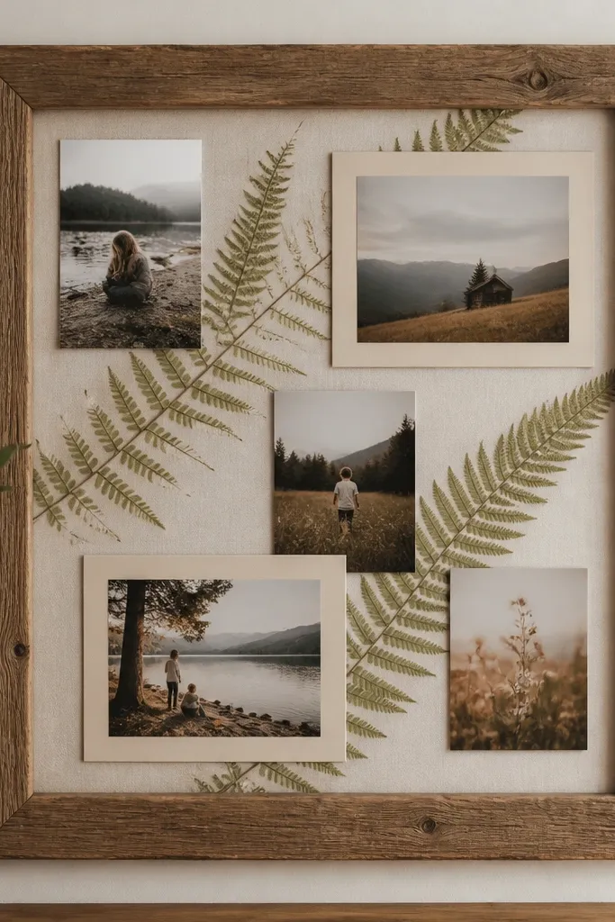 A rough reclaimed wood frame with a natural finish. Pressed fern strips run diagonally across the backing behind the photos. A few photos have light beige paper mats.