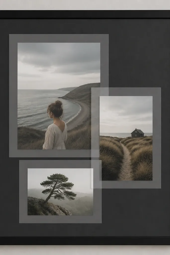 A matte black frame with a dark gray backing. Vellum overlays create translucent rectangles where photos sit like windows. The photos appear slightly muted, with crisp edges against the dark background.