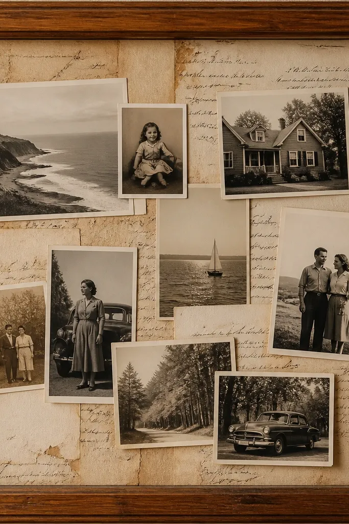A warm wood frame with a background of aged paper scraps. Handwritten letter fragments in black ink sit behind photos like ghost text. Photos are arranged in clusters with small overlaps.