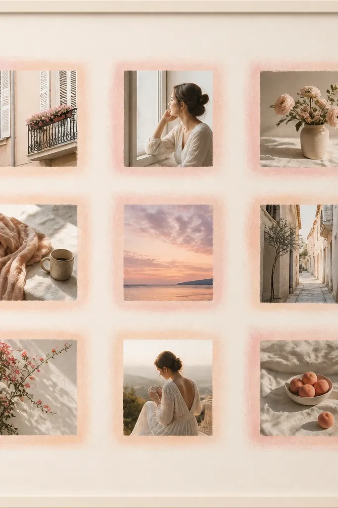 A light cream frame with matte photo prints. Around each photo, a soft blush halo is made with colored pencil in pale pink and peach. The collage uses even spacing and a gentle grid.