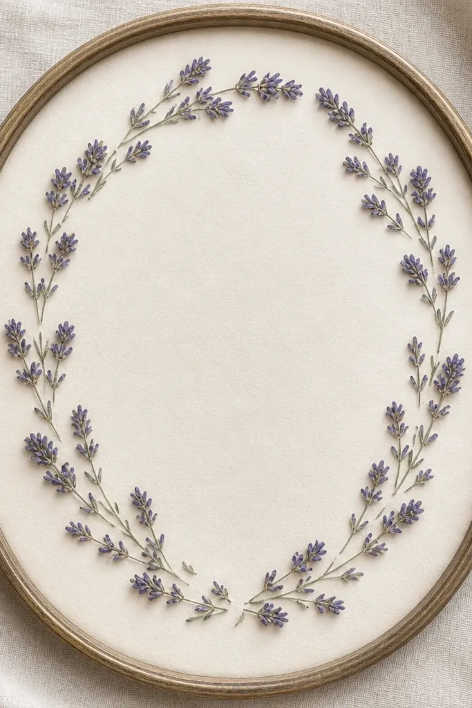 A frame with pale lavender sprigs pressed in a rounded border shape. The sprigs follow a gentle oval, with small gaps that show the paper background.