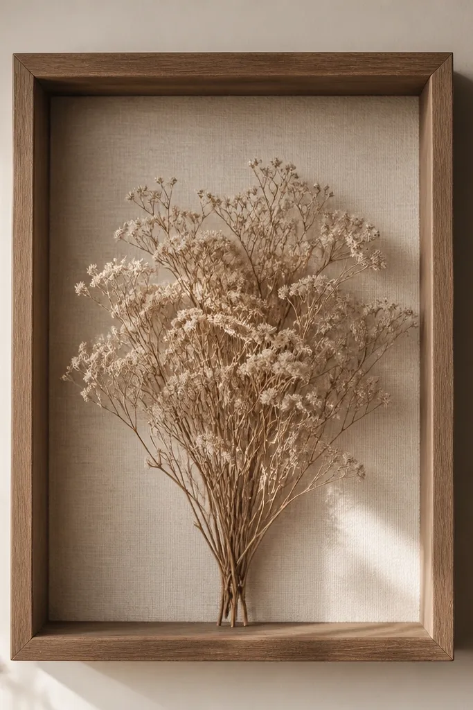 A shadow-box style frame with a cluster of dried baby's breath in the center. The flowers look airy and slightly dusty, with visible stems and tiny branching texture.