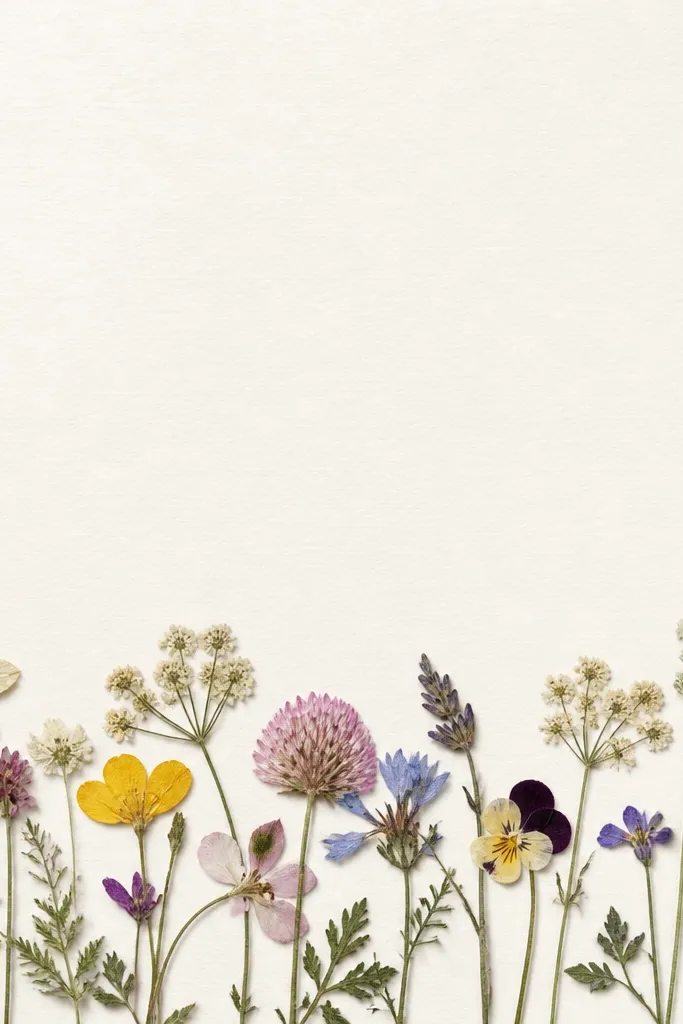 A frame where small pressed wildflower shapes form a horizontal strip along the bottom edge. The top half is mostly blank paper, making the colors pop.