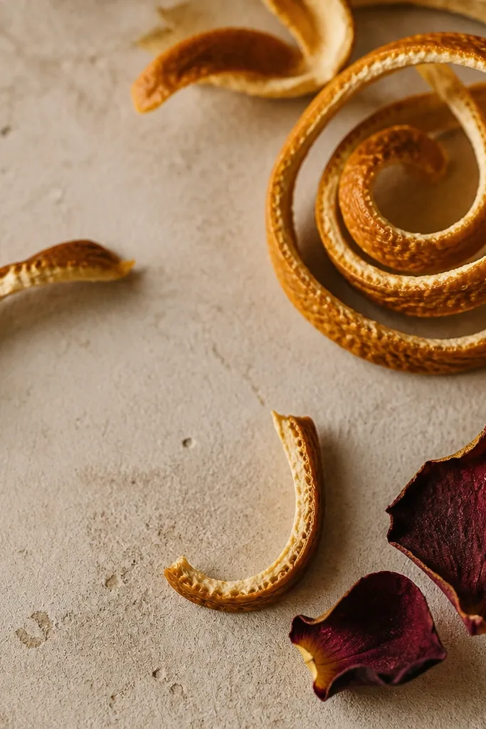 A frame with dried orange peel curls and a few dried rose petals. The citrus forms a spiral near one corner, while the rose adds a deeper red spot.