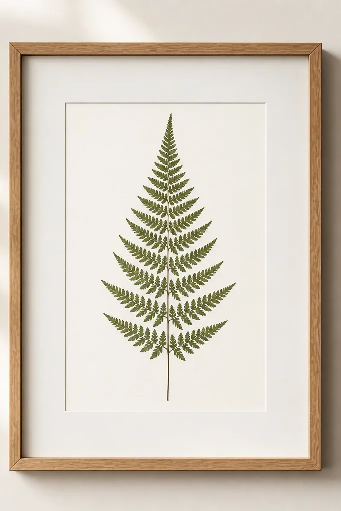 A frame with a single pressed fern leaf centered vertically. The leaf has fine fronds and looks crisp against white paper.