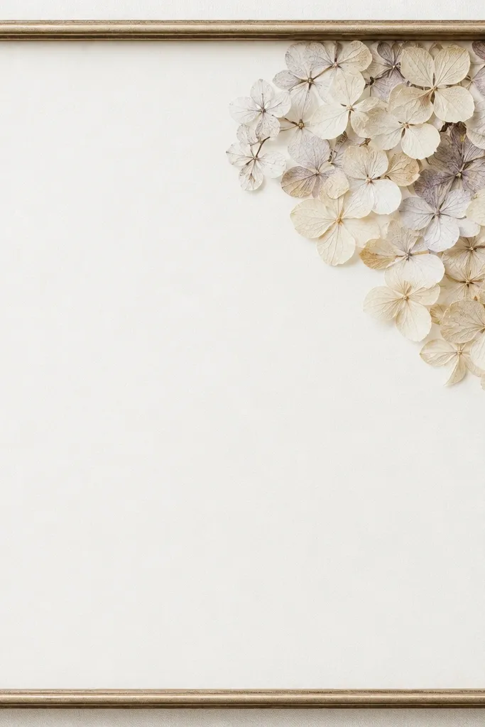 A frame where pressed hydrangea clusters sit in the top-right corner. The petals look papery and layered, like tiny snowflakes.