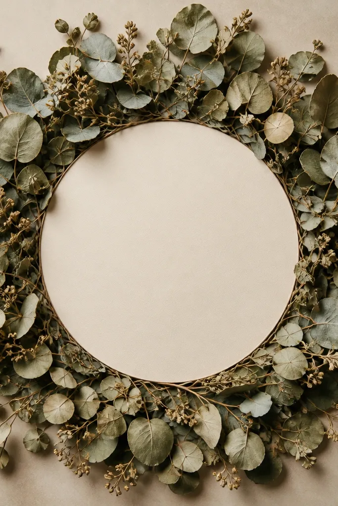 A frame with a circular opening in the center where a blank area sits. Dried eucalyptus forms a halo ring around the circle, with leaves showing thickness and texture.