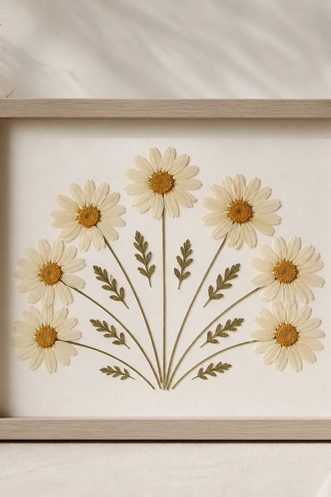 A frame with several pressed daisies facing outward, arranged in a fan. Between them are small pressed leaf pieces pointing toward the center.