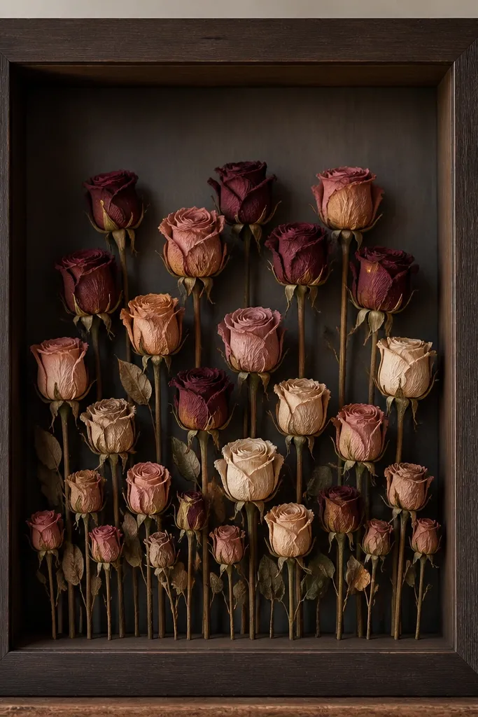 A deep shadow box frame with dried rose buds layered at different heights. The tallest buds are in the back, shorter ones in front, creating visible steps.