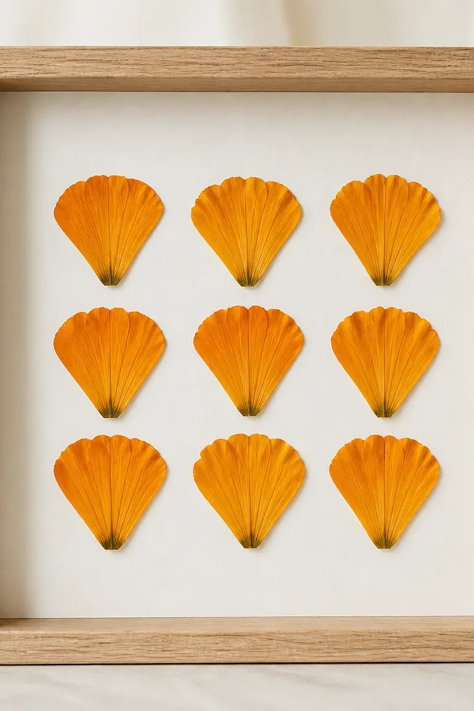 A frame with a 3x3 grid of pressed calendula petals. Each petal piece is placed neatly with consistent spacing, showing bright orange tones.