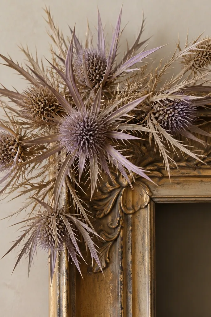 A frame corner with dried thistle spikes radiating outward. The spikes are pale purple to beige and look sharp and dry, with visible bracts.