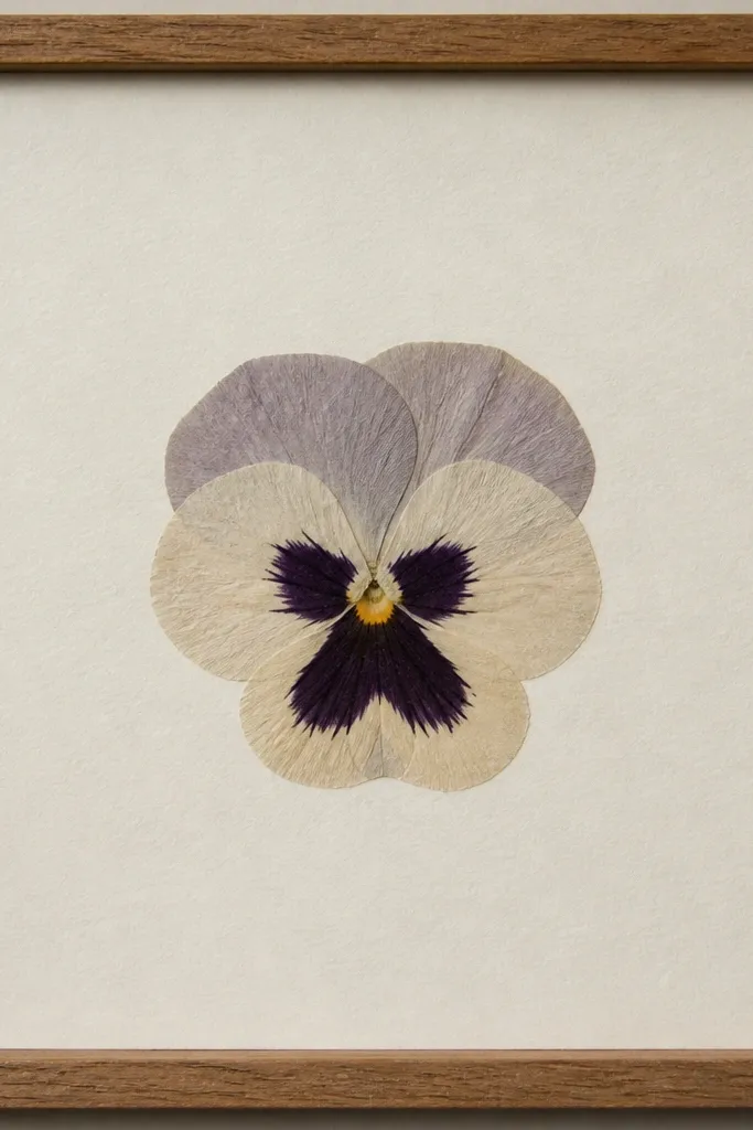A frame with one pressed pansy placed in the exact center. The dark throat and lighter petals show clearly, like a silhouette.