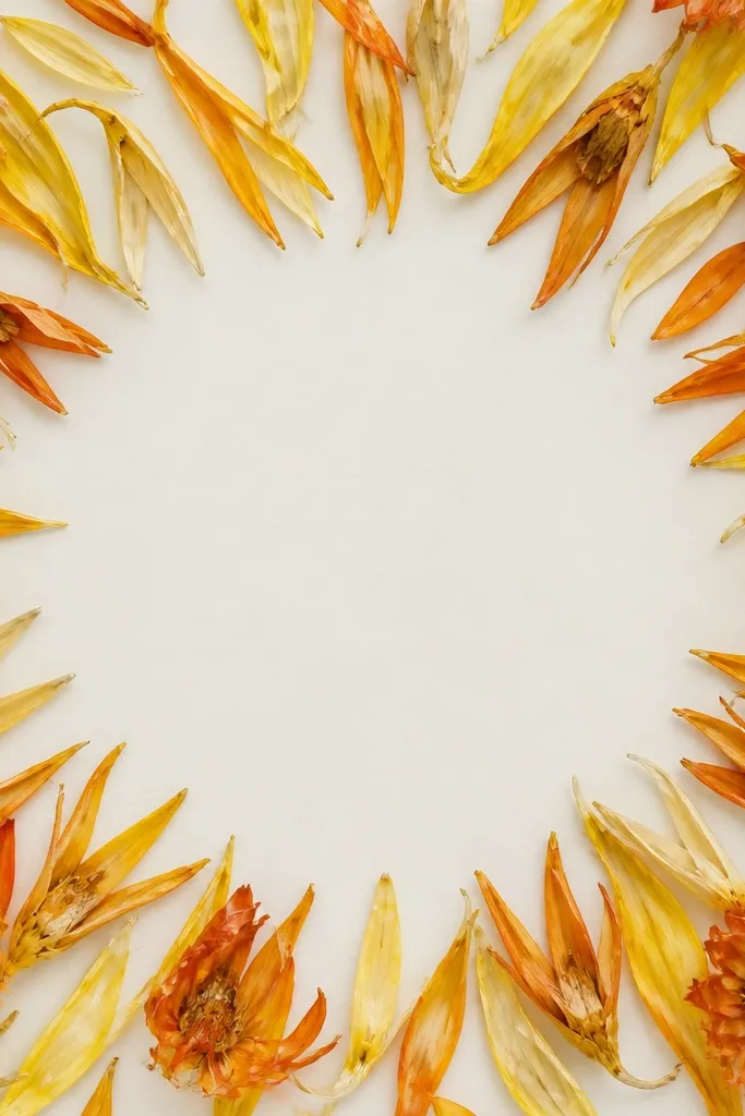 A frame with dried strawflower pieces arranged around the inside border like a starburst ring. The petals are papery and slightly curled, with warm yellow and orange tones.
