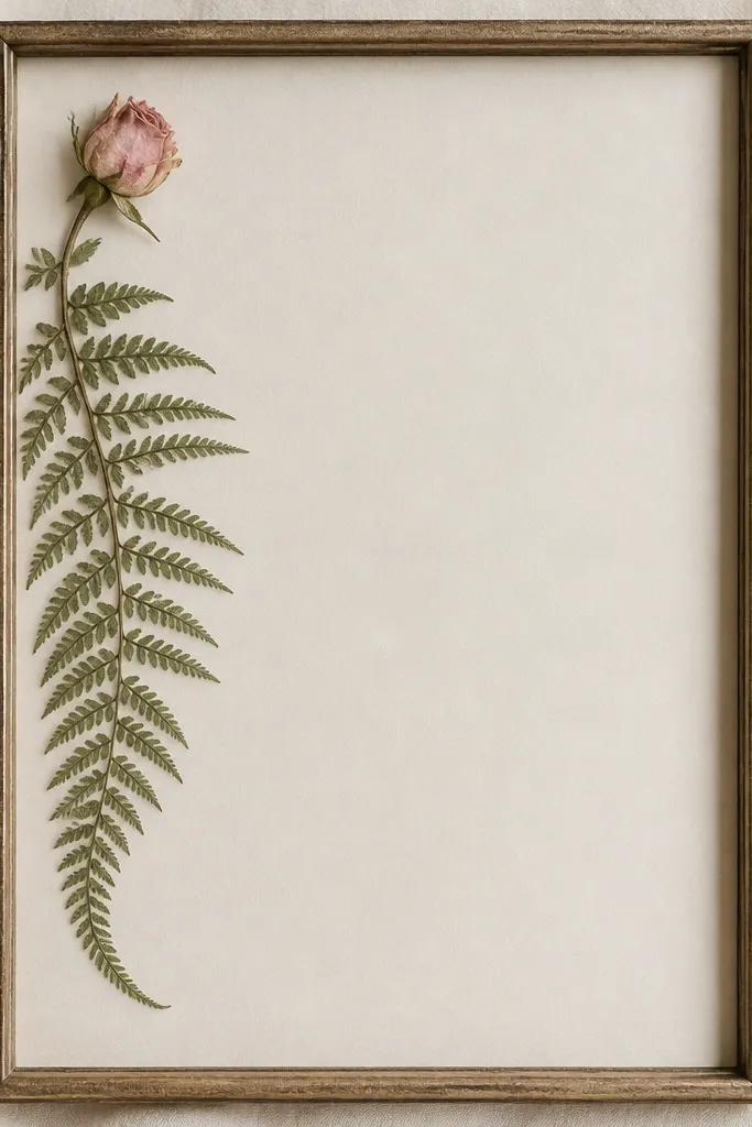 A frame with a pressed fern leaf draping along the left edge and a small rosebud in the top-left corner. Colors stay muted green and soft pink.