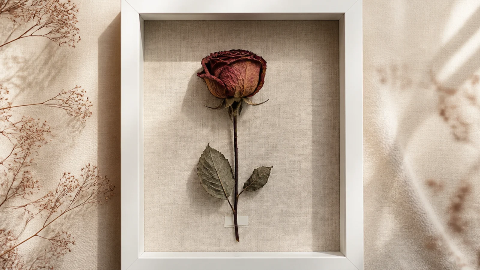 A deep white shadow box holding one full dried rose mounted upright against a soft linen back panel.