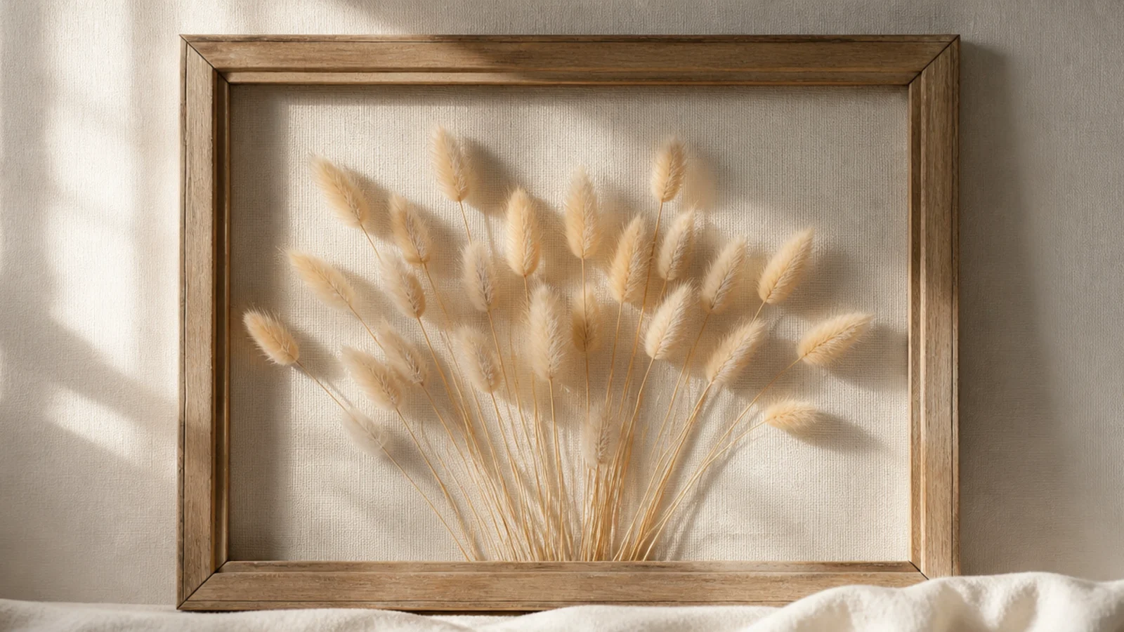 A frame with soft fluffy dried bunny tail grasses arranged in a gentle fan on a cream background.