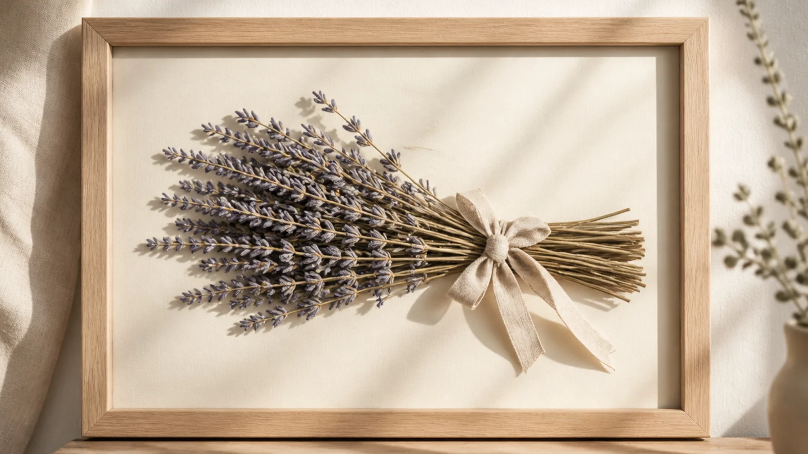 A frame holding a tied bundle of dried lavender stems laid horizontally, tied with a linen ribbon, on cream backing.