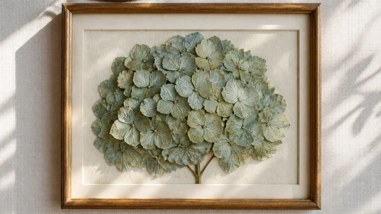 A deep frame filled with a single dried blue-green hydrangea head, its papery florets creating dense texture.