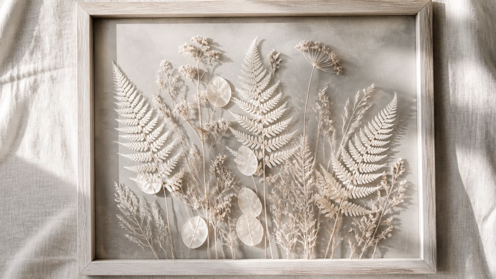 A frame with pale bleached-white dried ferns and seed heads arranged on a soft grey background for a ghostly look.