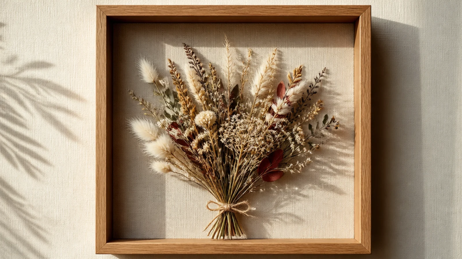 A deep shadow box holding a small dried wildflower bouquet arranged in a loose fan with mixed textures on linen.