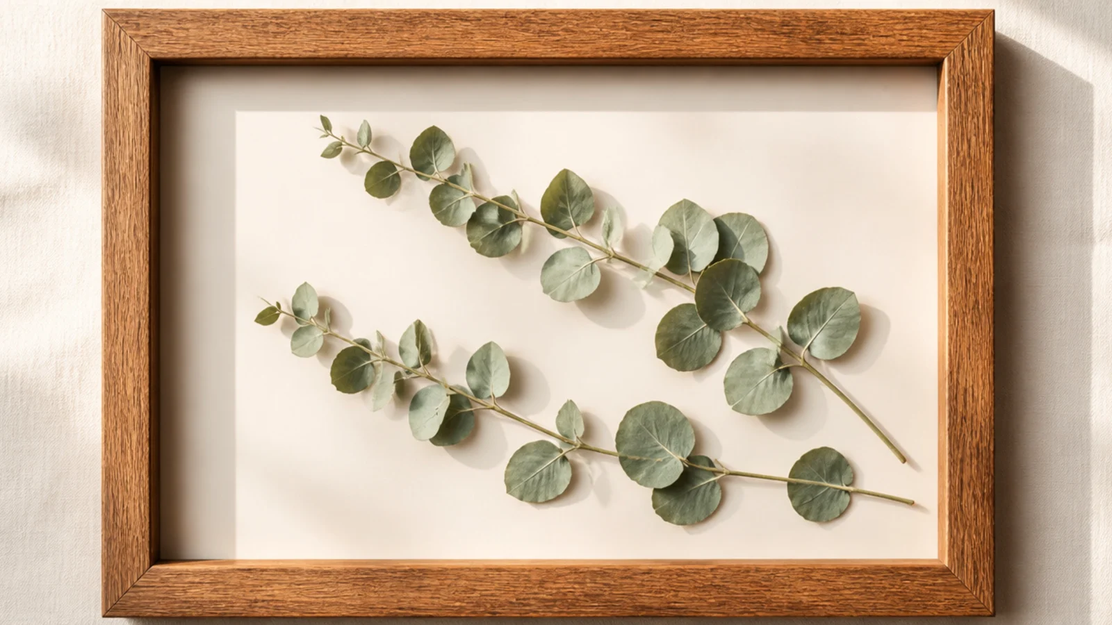 A frame holding two dried silvery-green eucalyptus sprigs arranged diagonally on a pale cream background.