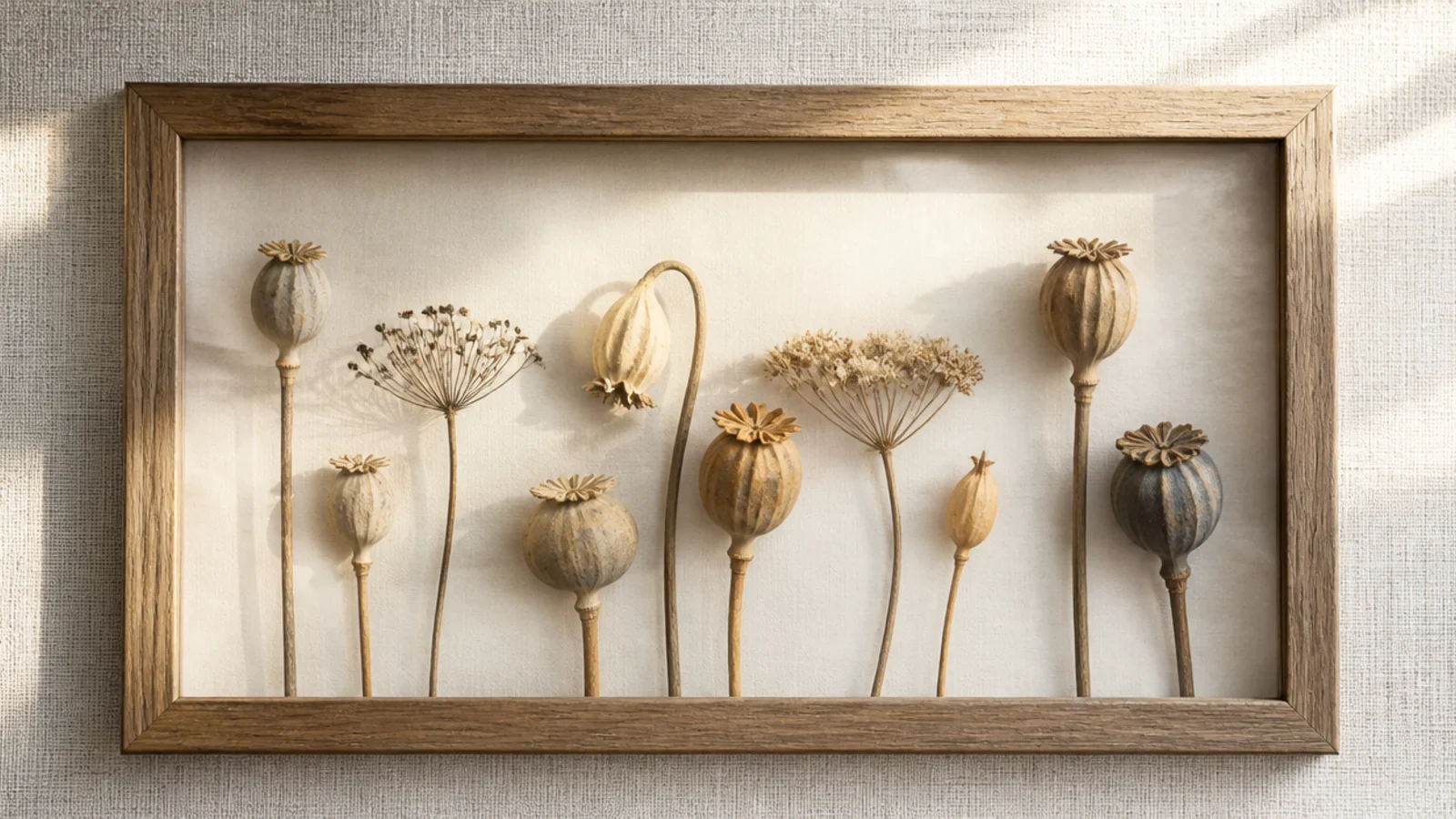 A frame with dried poppy seed pods and sculptural seed heads arranged in a row on a warm neutral background.